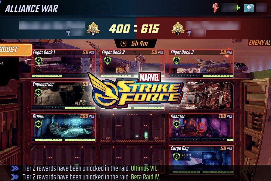 Marvel Strike Force Alliance War, showing the shared base split into rooms with different point values, each room defended separately