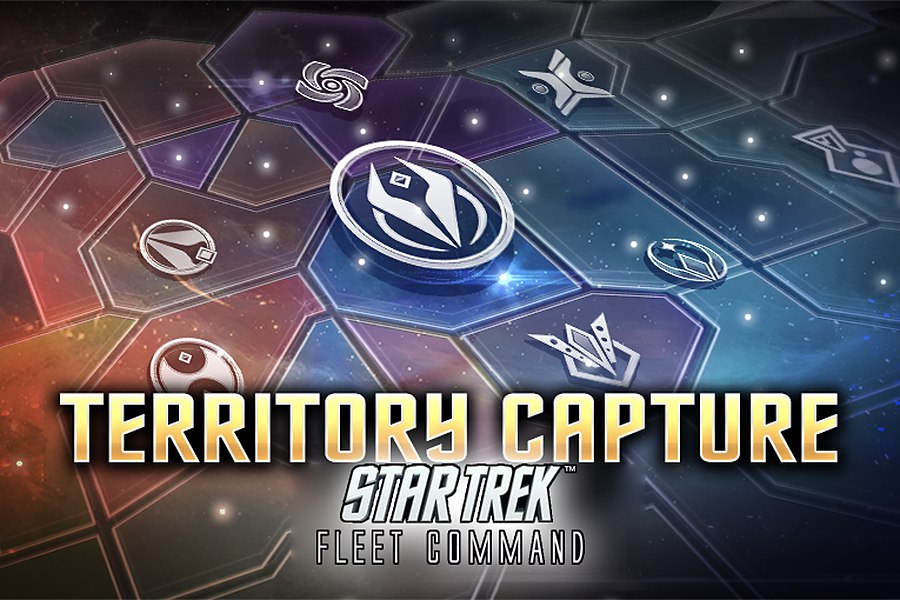 Star Trek Fleet Command Territory Capture, showing a map of connected hexagonal zones each marked with a faction emblem