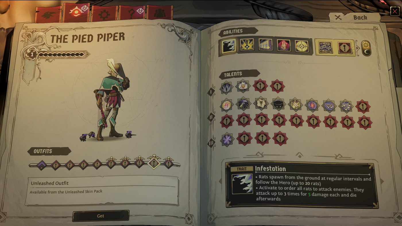 Ravenswatch hero select screen showing the Pied Piper wearing the Unleashed Outfit, labelled as available from the Unleashed Skin Pack, with a Get button below