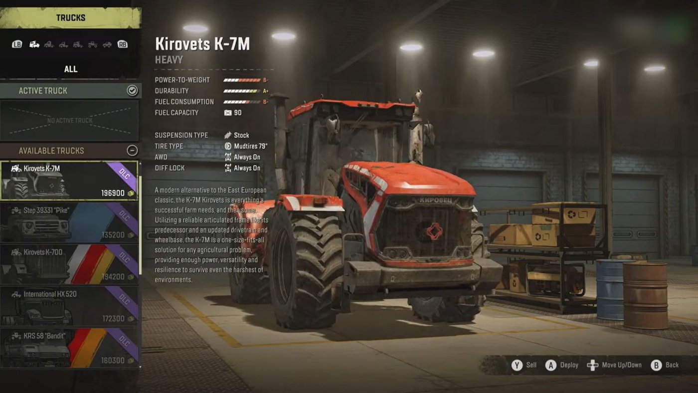 SnowRunner garage screen showing a locked DLC truck tagged in the selection list, full model centered